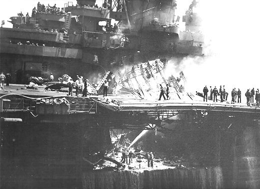 Wreckage of Ogawa's aircraft after his special attack on USS Bunker Hill, 11 May 1945