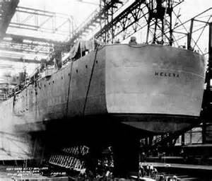 View of Helena's stern prior to launch, New York Navy Yard, Brooklyn, New York, United States, 28 Aug 1938