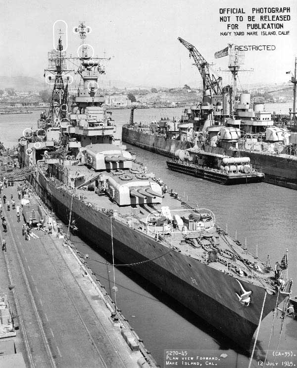 Indianapolis at Mare Island Navy Yard, CA, for upgrades, 12 Jul 1945, photo 1 of 4