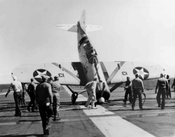 Result of Lieutenant Jimmy Thach's landing accident aboard USS Saratoga, 19 Mar 1940
