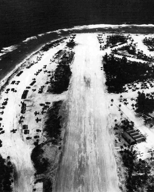 Aerial view of the airstrip facilities on Falalop Island, Ulithi Atoll, Caroline Islands, 1945. Falalop was the center of the aerial patrol efforts to protect the US Navy’s forward anchorage at Ulithi.