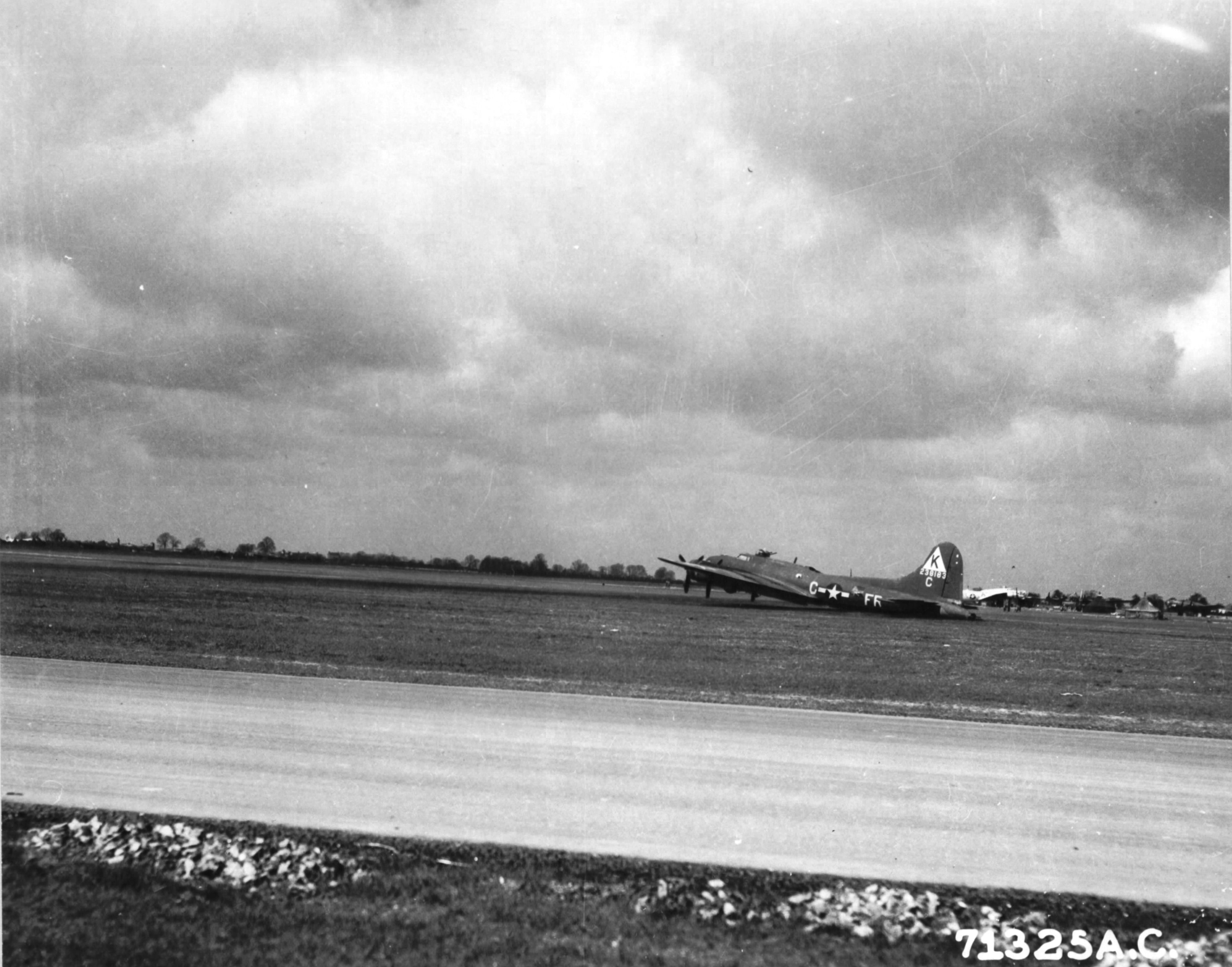 B-17G Fortress “Lost Angel” Belly landed at RAF Kimbolton after being damaged over Magdeburg, Germany, 28 Sep 1944. Note that the crew had unbolted and dropped the ball turret to keep it from breaking the airframe’s back
