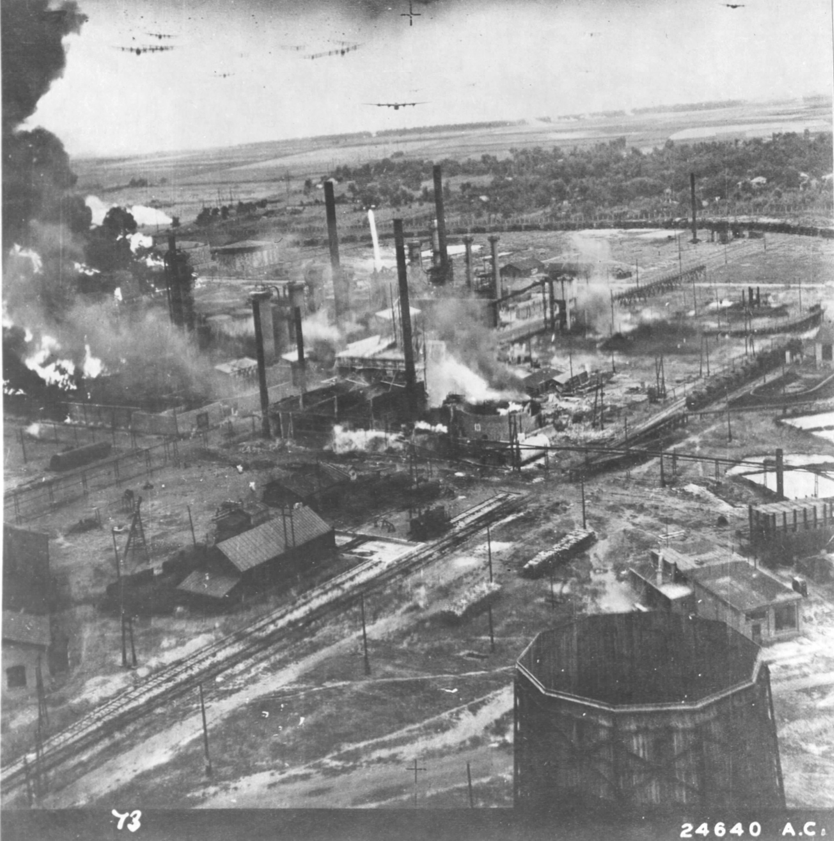 2nd wave of B-24 Liberators approach the Ploesti oil refineries, Ploesti Romania, Aug 1 1943. 14 B-24s can be seen in this image.
