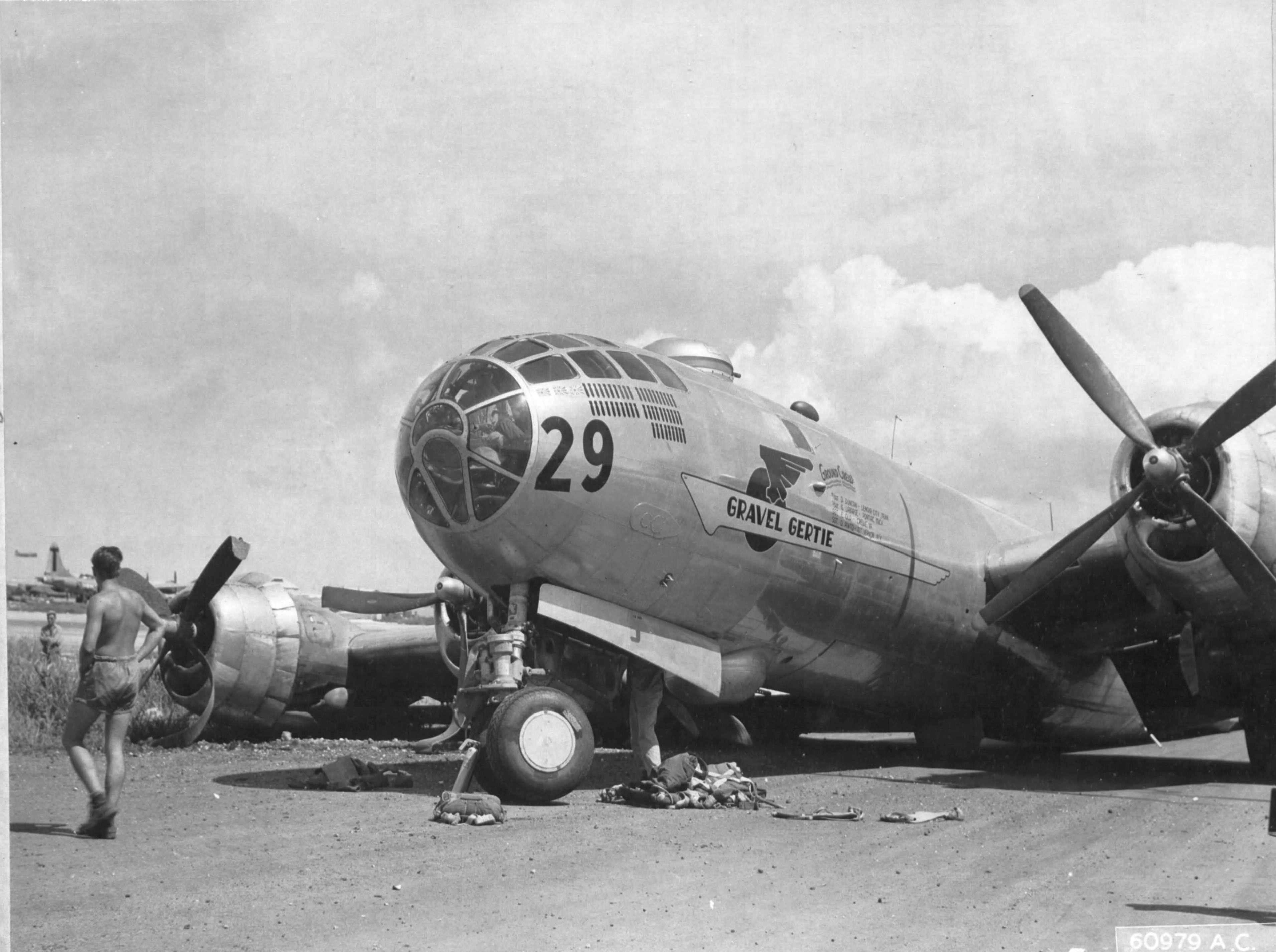 B-29 Superfortress “Gravel Gertie” with the 882nd Bomb Squadron squats on the runway after suffering a main landing gear collapse, Isley Field, Saipan, Aug 6 1945