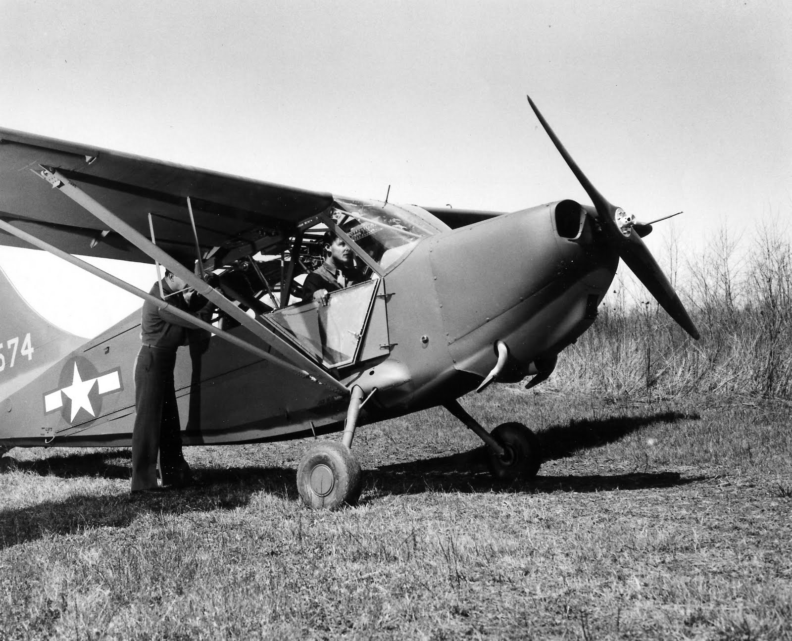 Modified from the Stinson L-5 Sentinel, the prototype L-5B air ambulance is shown during a manufacturer’s demonstration, 1944. Photo 3 of 3.