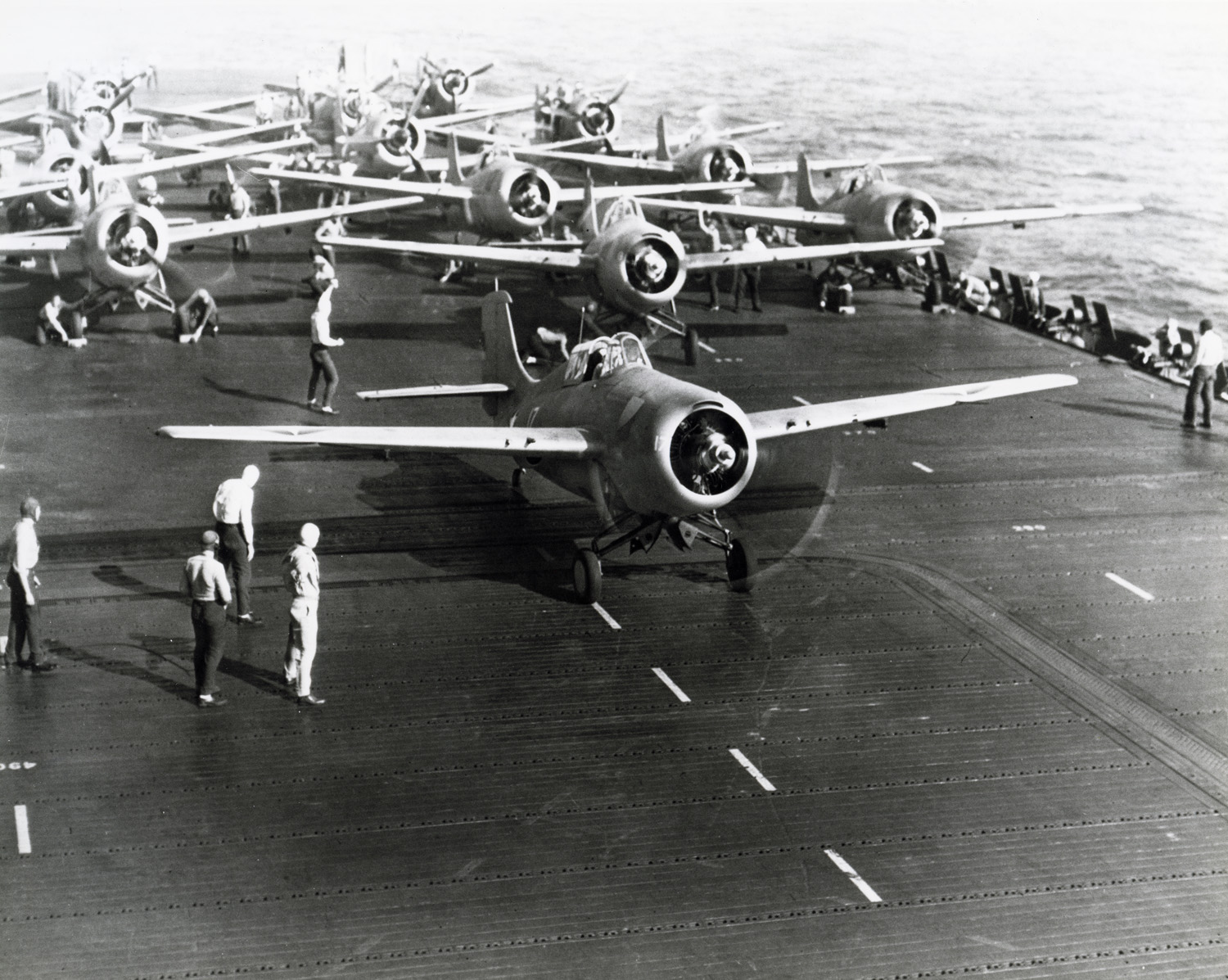 F4F-3 Wildcats of Fighting Squadron 6 get ready for launch from USS Enterprise, May 12 1942 while on their way toward the Battle of the Coral Sea (which was over before Enterprise could get there).
