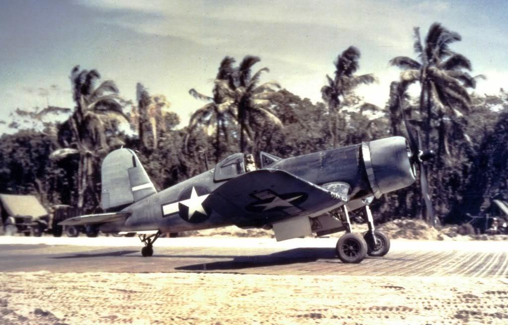 F4U-1 Corsair in Marine Fighting Squadron 214 (the “Black Sheep”) on the Marsden matting at Torokina airstrip, Bougainville, Solomons, Dec 1943.