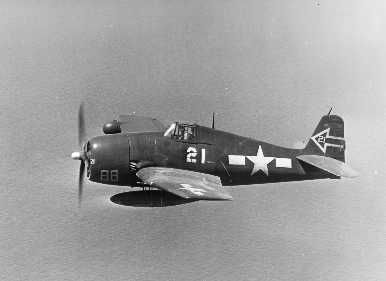 F6F-5N Hellcat night fighter of Night Fighter Squadron 90 based on the carrier USS Enterprise, 1945. Note radome on left wing and flame dampeners on exhaust port.