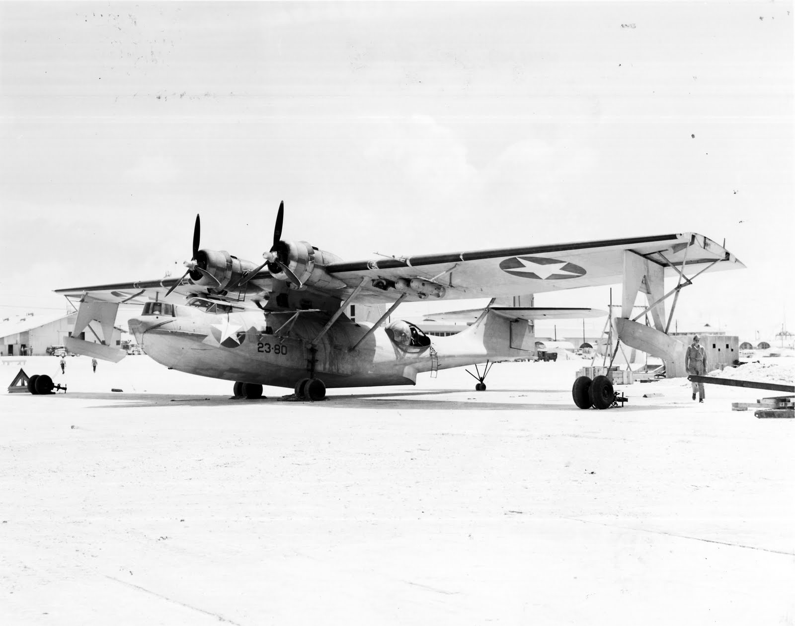 PBY-5 Catalina of Patrol Squadron 23 on Sand Island, Midway, 1942. Note the depth bombs loaded under the wings.