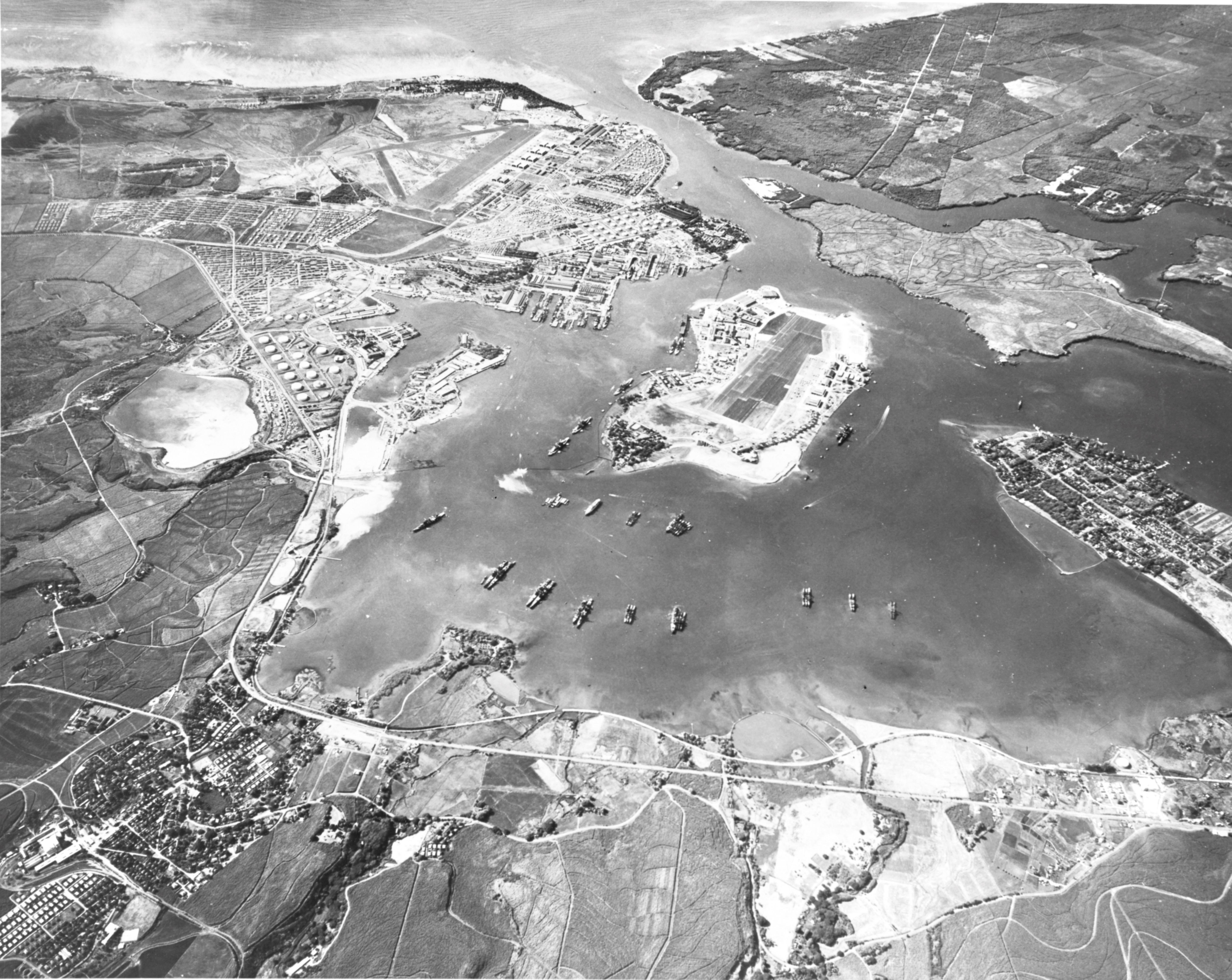 Overhead view of Pearl Harbor Naval Base, Oahu, Hawaii, 30 Oct 1941, 5 weeks before the attack. Photo 1 of 2.
