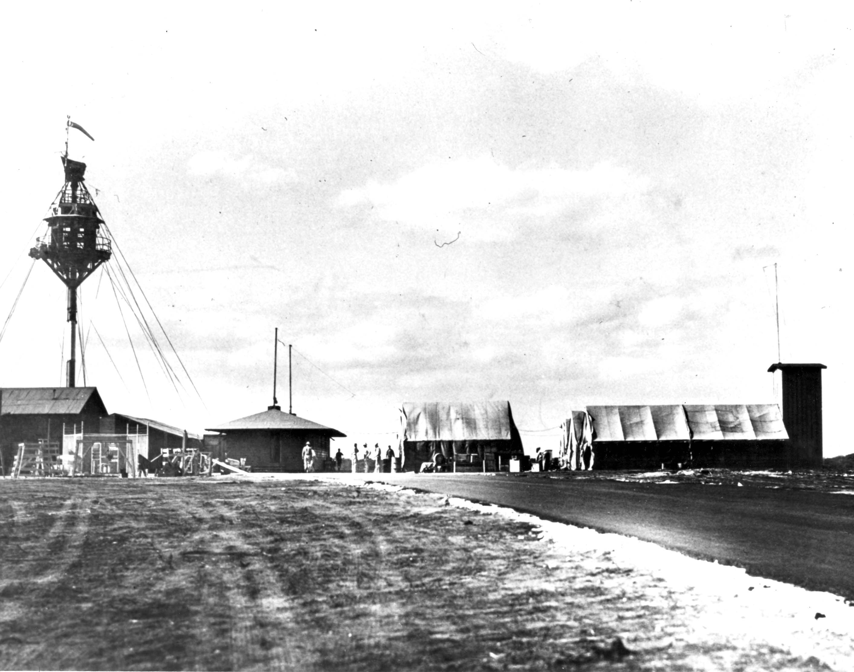 Marine Corps Air Station Ewa, Oahu, Hawaii shortly after commissioning, Feb 1941 showing the crow’s nest of the mooring mast converted into the airstrip’s control tower.