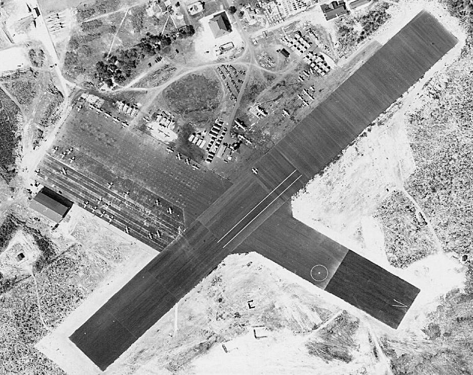 Overhead view of Marine Corps Air Station Ewa, Oahu, Hawaii, Dec 2, 1941. The lines painted on the runway were to approximate a carrier’s flight deck.