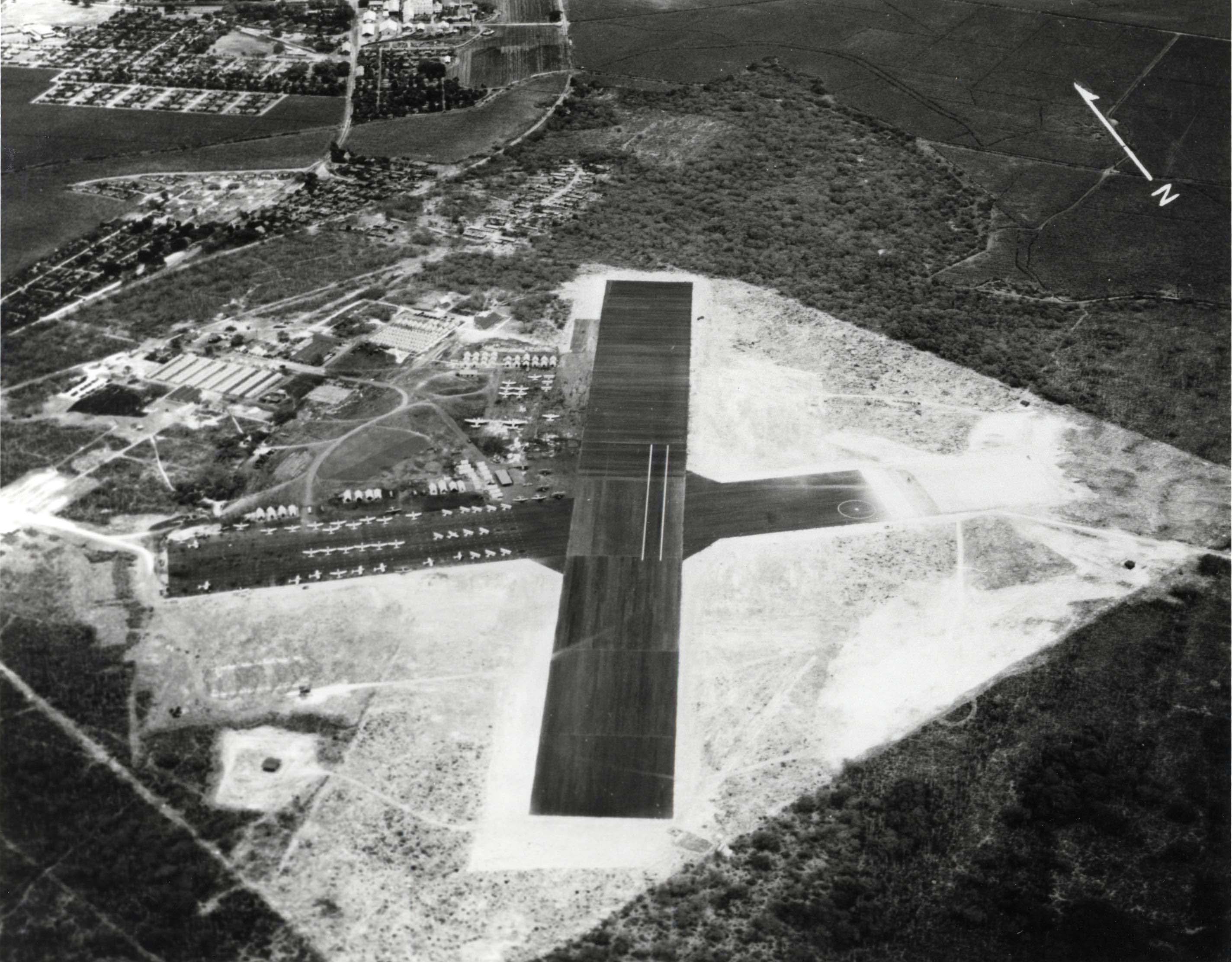 Aerial view of Marine Corps Air Station Ewa, Oahu, Hawaii, Jul 29, 1941. The lines painted on the runway were to approximate a carrier’s flight deck.