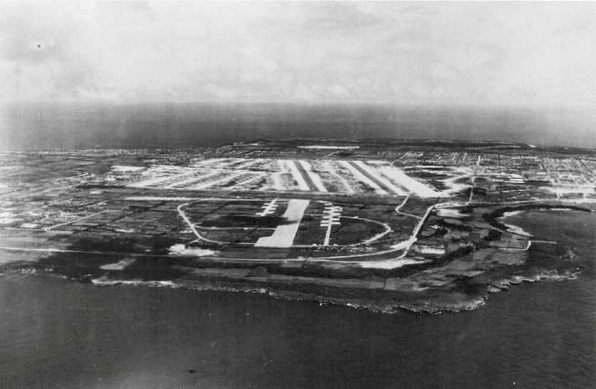 Oblique aerial view of West Field, Tinian, Mariana Islands, Jul 8, 1945.