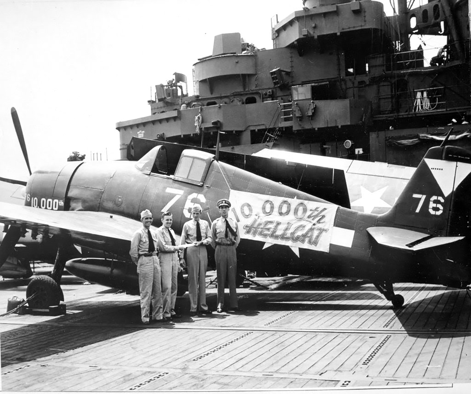 Aboard USS Ticonderoga, Navy Fighting-Bombing Squadron 87 takes possession of the 10,000th F6F Hellcat to be produced, 23 May 1945 at Ulithi.