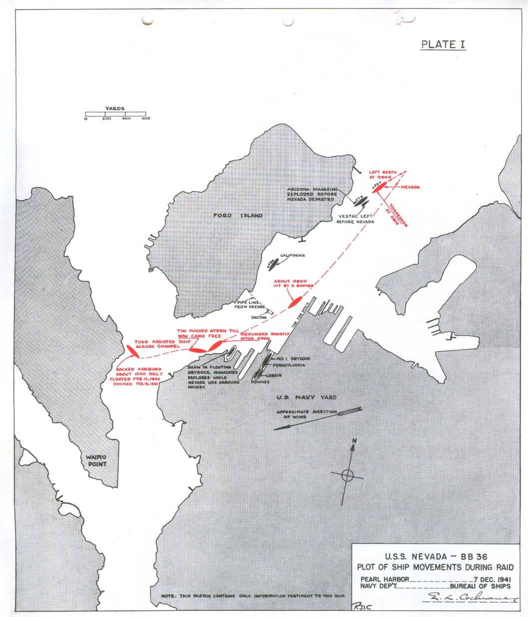 Plot of USS Nevada's movements during the Pearl Harbor attack, Dec 7 1941.