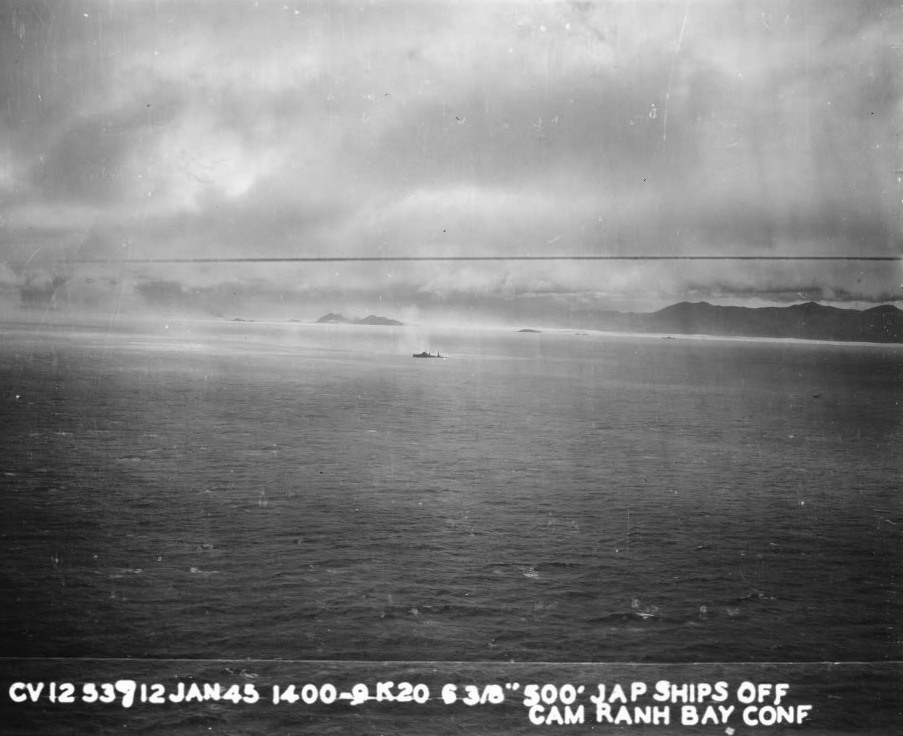 Japanese cruiser Kashii settling by the stern after being hit by an aerial torpedo from United States carrier aircraft off the coast of French Indochina (Vietnam) north of Qui Nhon, Jan 12, 1945. Photo 3 of 9