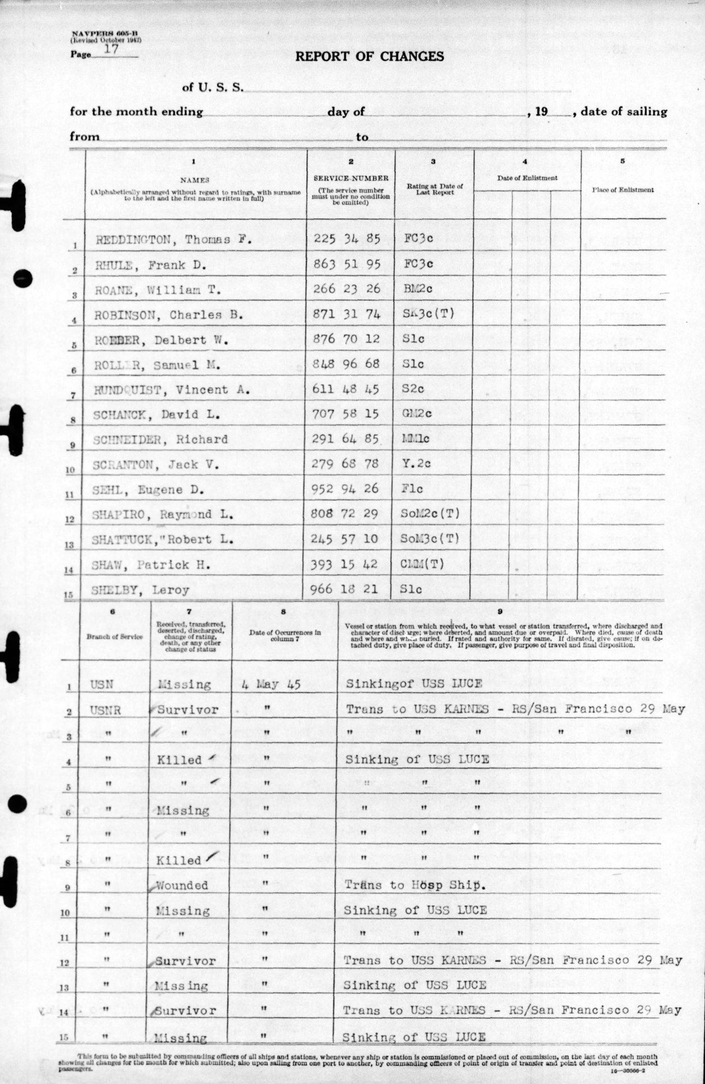 USS Luce final muster list dated June 19, 1945 after the ship was sunk May 4, 1945. Page 19 of 25.