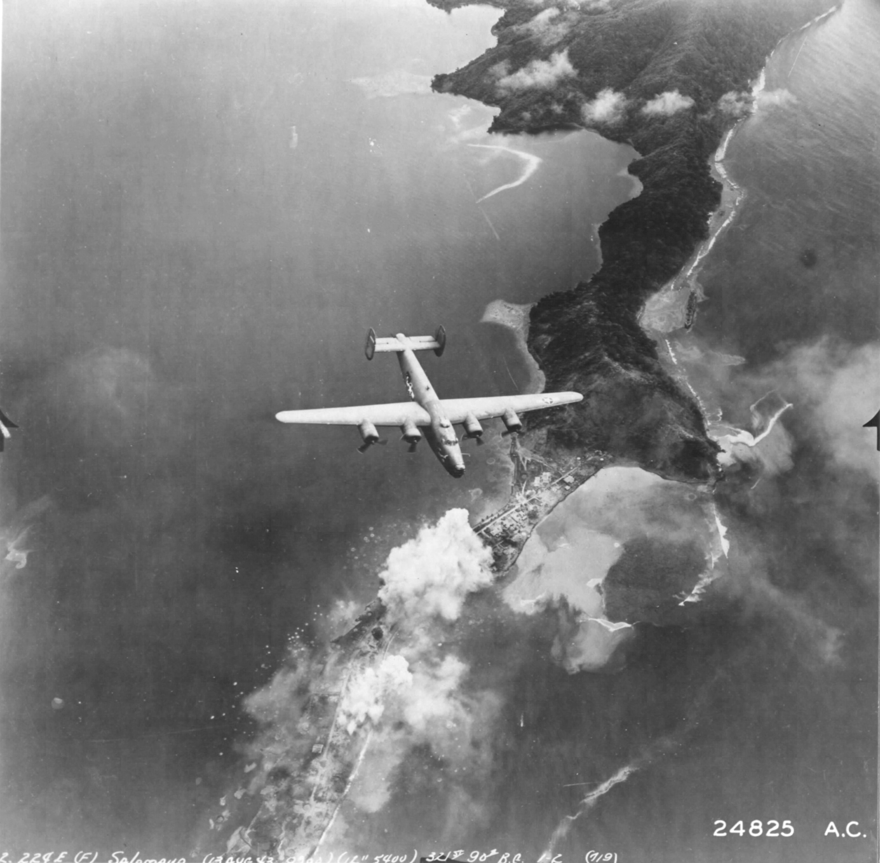 B-24 Liberator of the 43rd Bomb Group during a bombing run over the major Japanese base at Salamaua, Australian New Guinea, Aug 13, 1943.