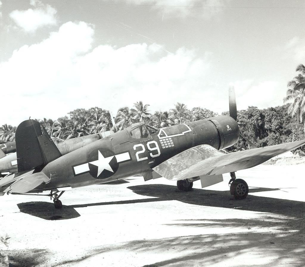 F4U-1A Corsair flown by Lt(jg) Ira Kepford of Navy Squadron VF-17 at Ondonga Field, New Georgia, Solomons, 1944.