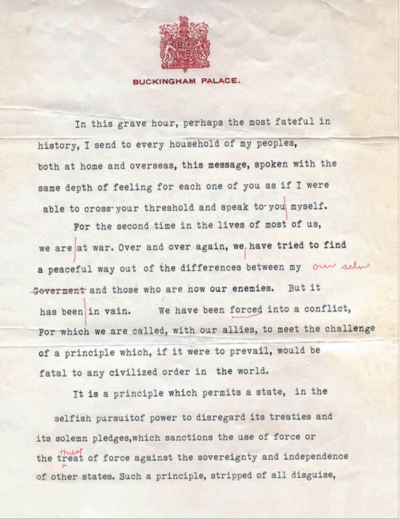 Typed script of the radio address King George VI of the United Kingdom delivered announcing Britain’s entry into the war with Germany, Buckingham Palace, London, England, UK, Sept 3, 1939. Page 1 of 2.
