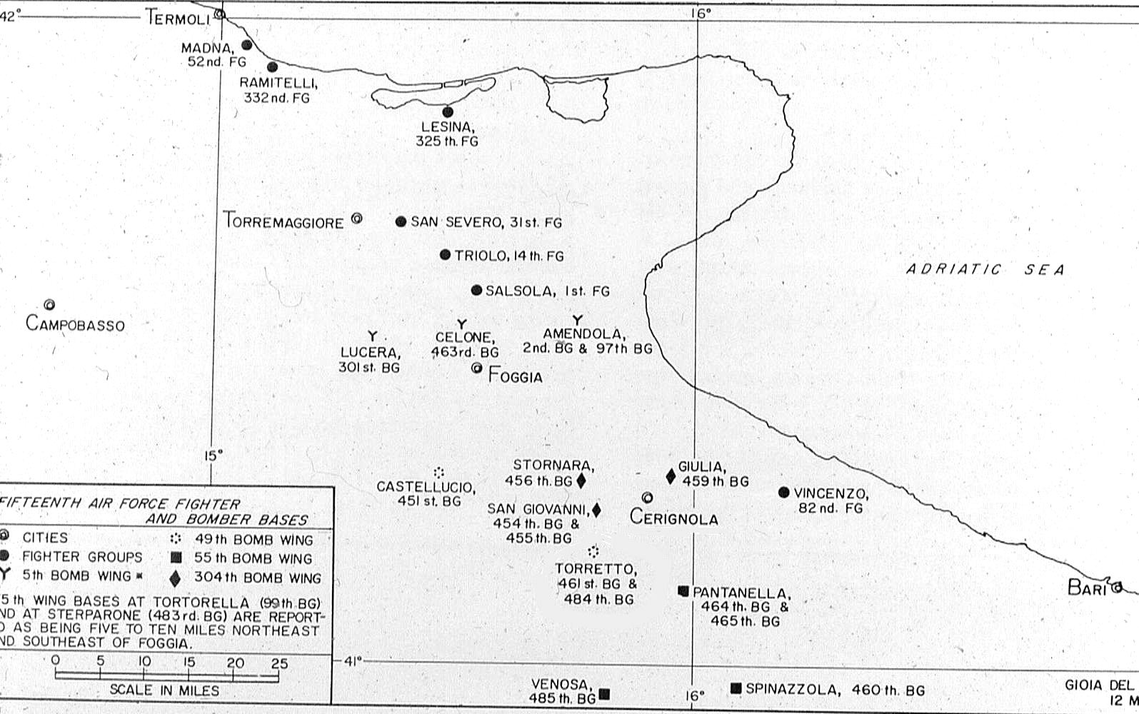 Map of the Foggia Aerodrome complex showing the USAAF 15th Air Force units assigned to each airstrip