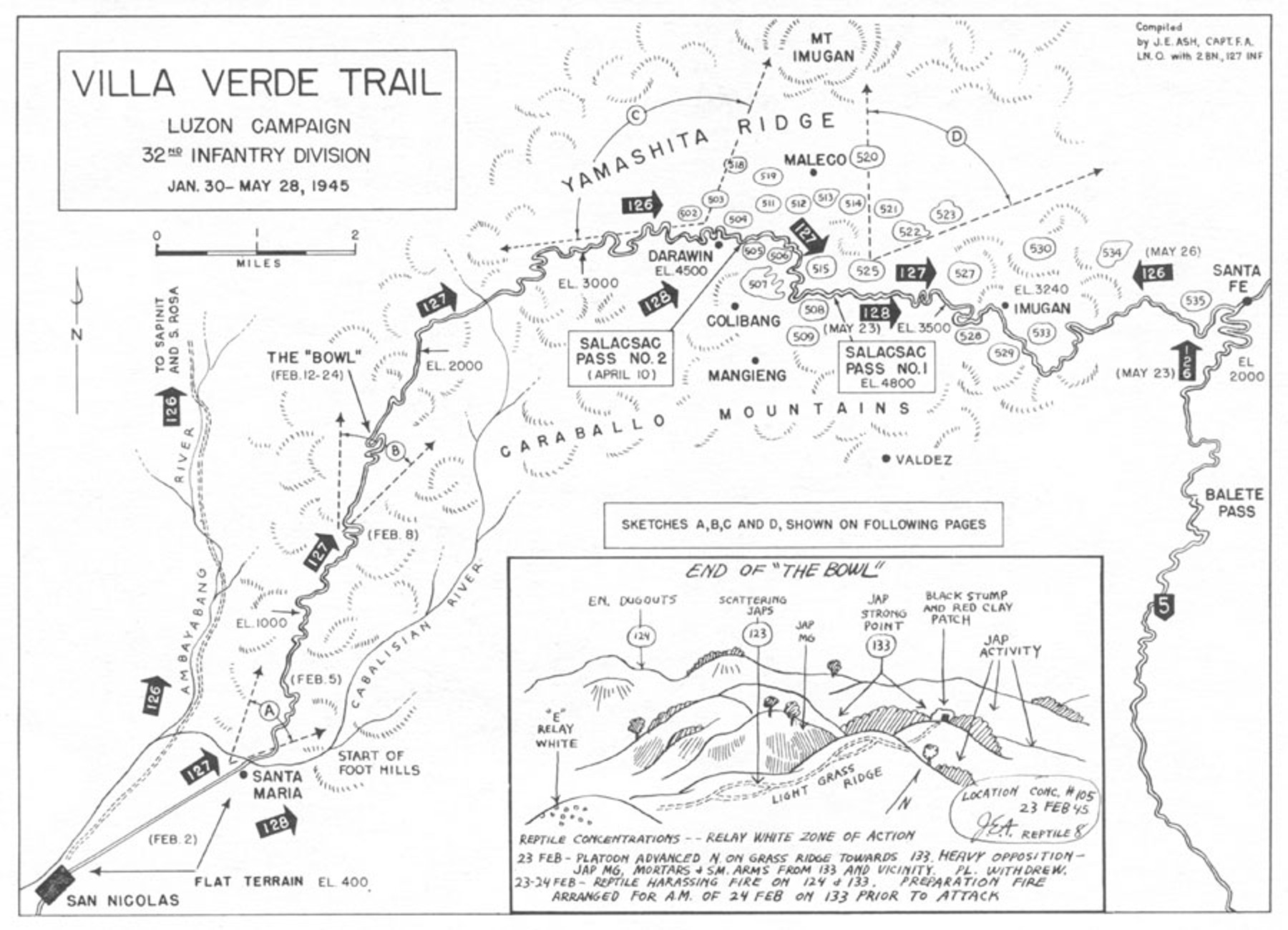Map of the Villa Verde trail used by the US 32nd Infantry Division during the Luzon Campaign, Jan 30 through May 28, 1945