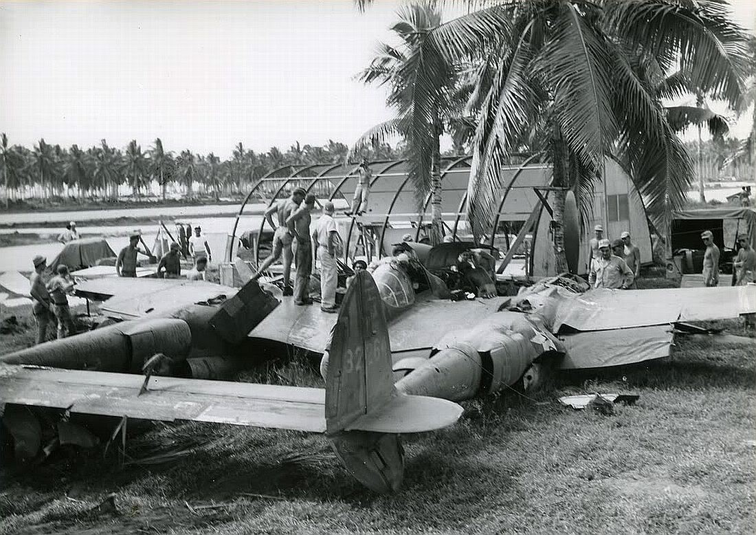P-38G Lightning “Miss Virginia” after a belly landing at Fighter Strip #2, Kukum, Guadalcanal, Apr 1943. Days earlier, this plane, flown by Rex Barber, shot down the G4M bomber carrying Isoroku Yamamoto over Bougainville