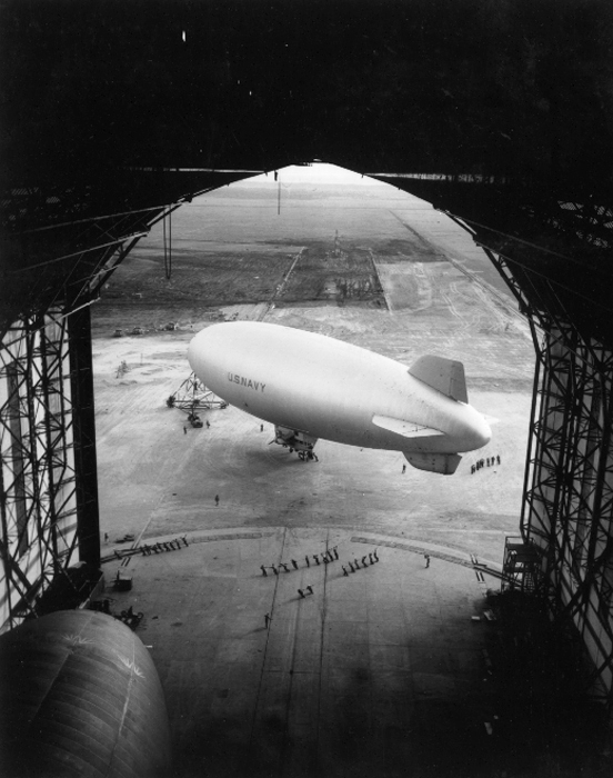 US Navy K-class airship K-84 is being moved into the hangar at Santa Cruz, Brazil, 7 Dec 1943. K-88 is seen at lower left. This hangar was originally built by Luft Hansa for the Graf Zeppelin and the Hindenburg.