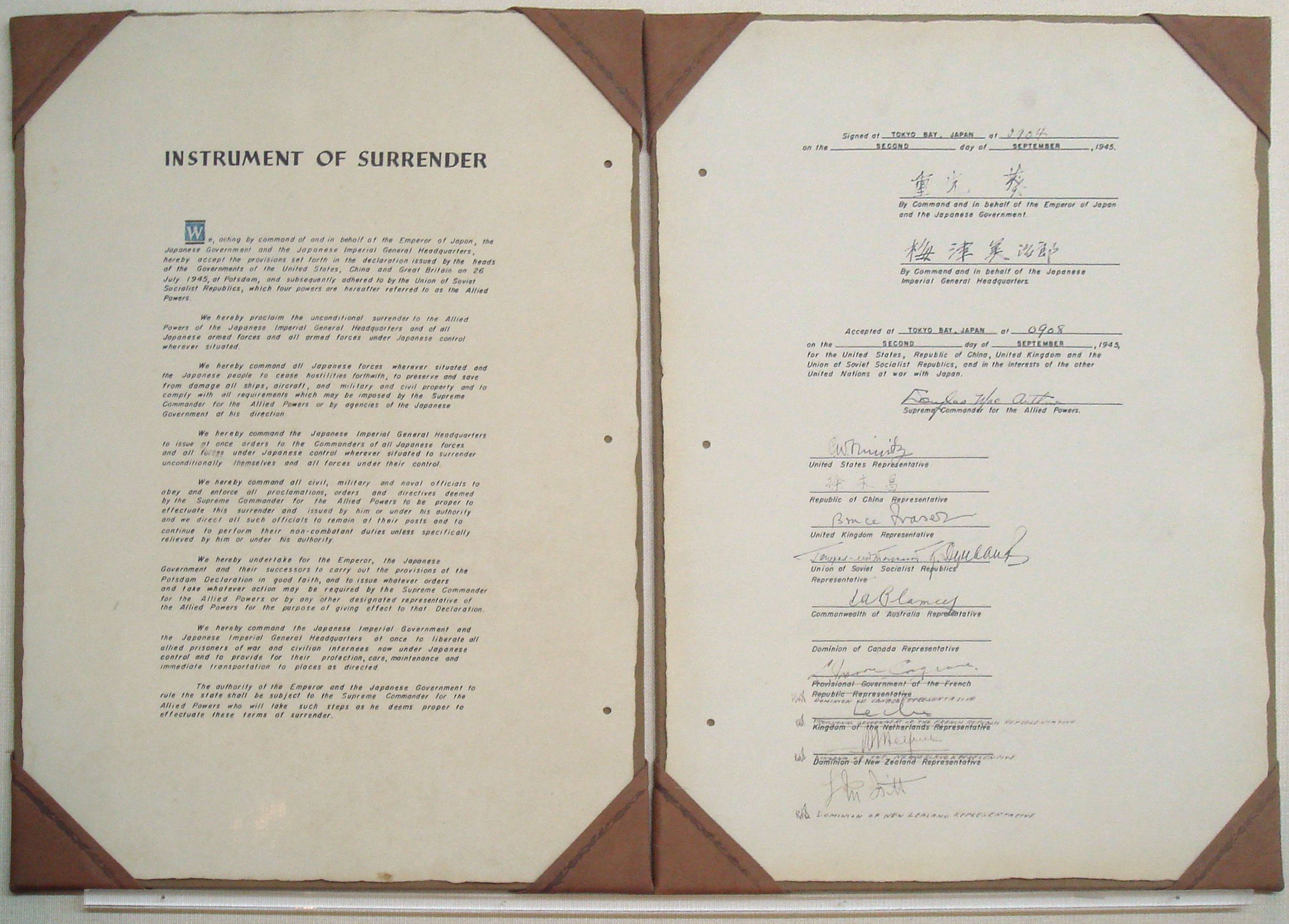 Japanese copy of the Instrument of Surrender signed aboard USS Missouri in Tokyo Bay on 2 Sep 1945. Note General Sutherland’s handwritten corrections after Col Lawrence Cosgrave of Canada signed on the wrong line