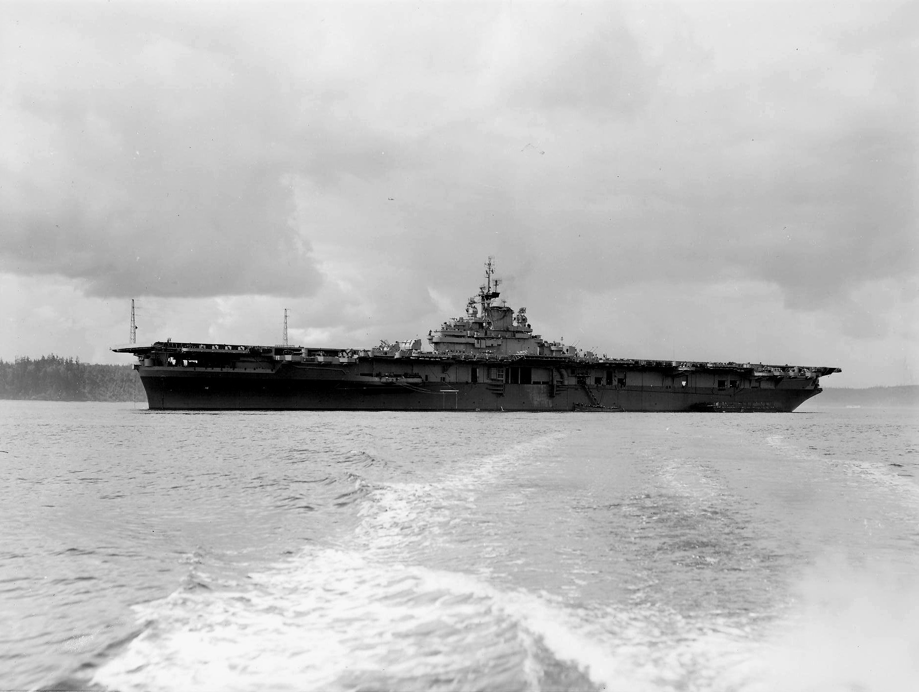 USS Lexington (Essex-class) at anchor in Puget Sound, Washington, United States, 21 May 1945 following extensive repairs at the Navy Yard in Bremerton.