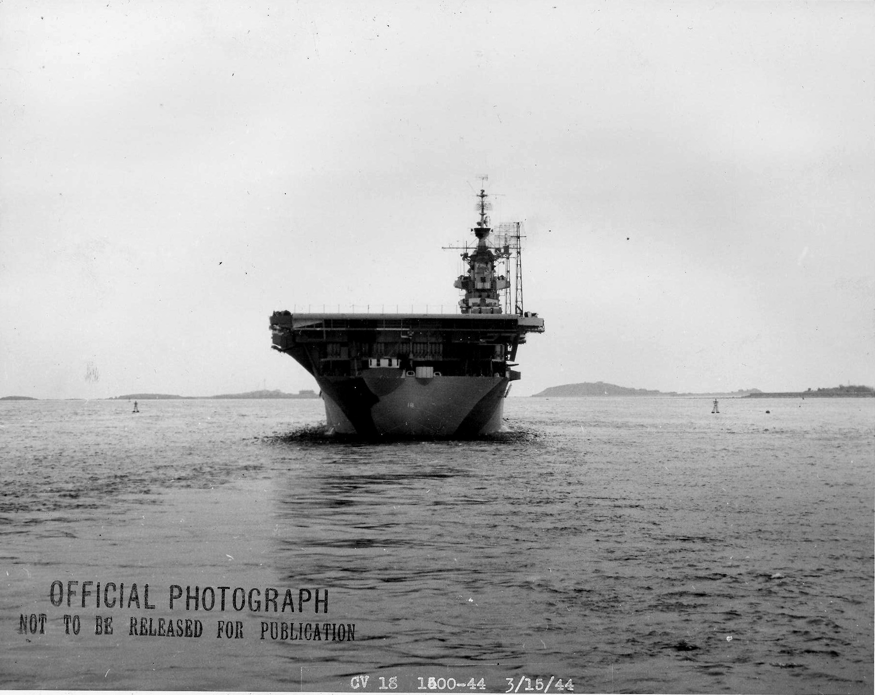 USS Wasp (Essex-class) after her shakedown cruise preparing to leave Boston, Massachusetts, United States, for the Panama Canal, 15 Mar 1944. Note Measure 33/10A camouflage. Photo 3 of 4