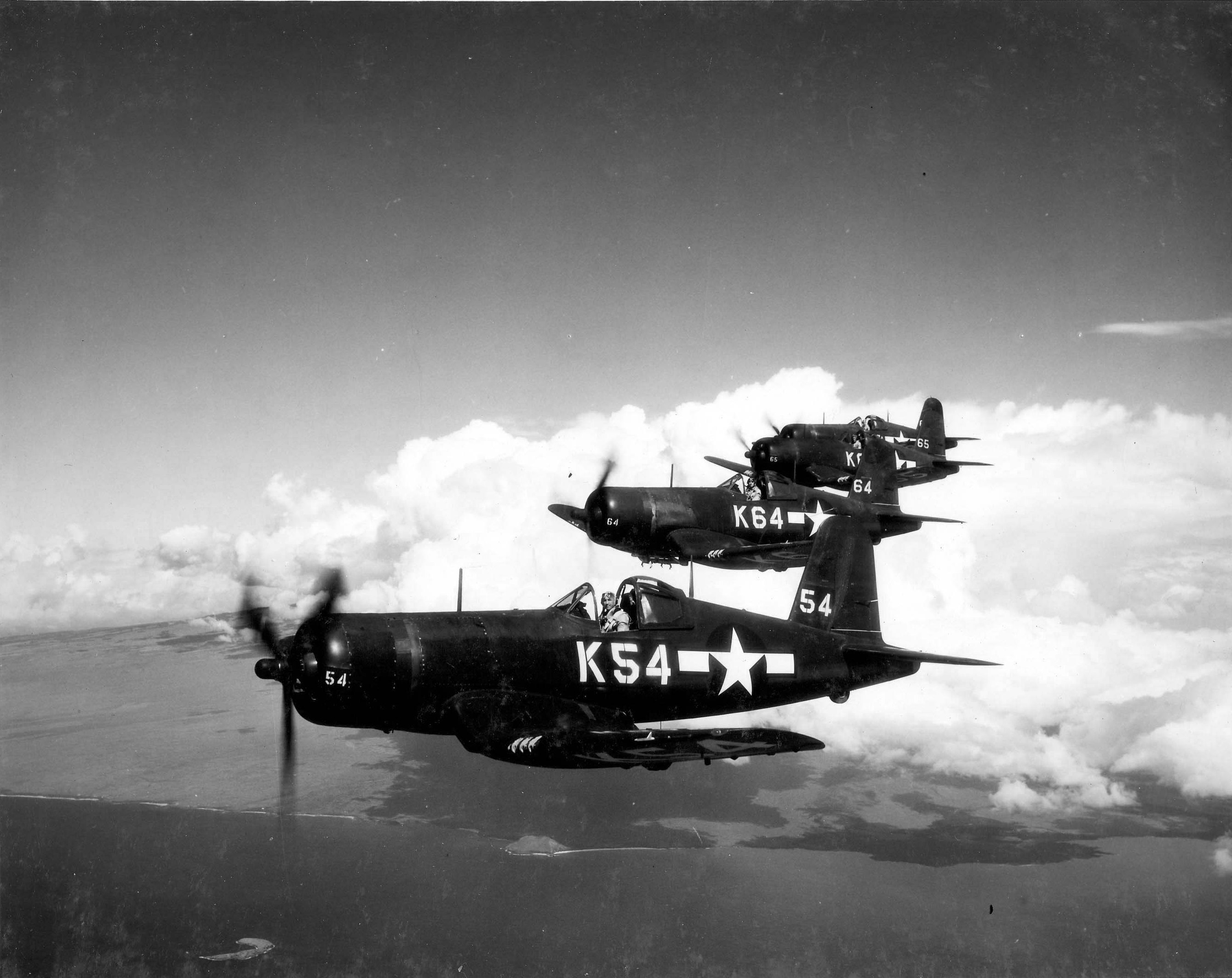 F4U Corsairs of Fighting Squadron VBF-86 flying from USS Wasp (Essex-class), Aug 1945