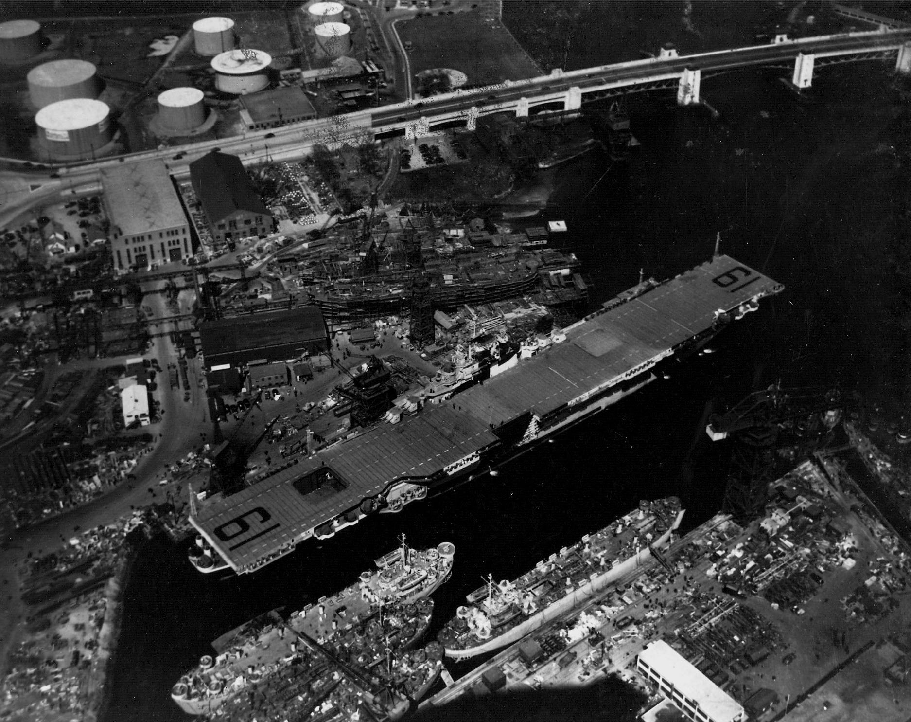 Essex-class Aircraft Carrier Hancock at the Fore River Shipyard, Quincy, Massachusetts, United States, 14 Apr 1944, the day before her commissioning.