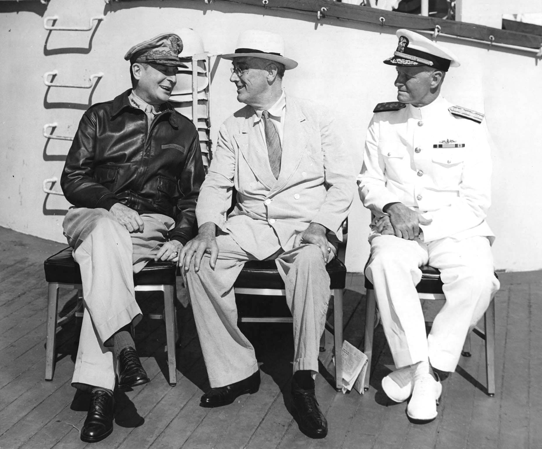 MacArthur, Roosevelt, and Nimitz aboard USS Baltimore, Pearl Harbor, US Territory of Hawaii, 26 Jul 1944, photo 3 of 3