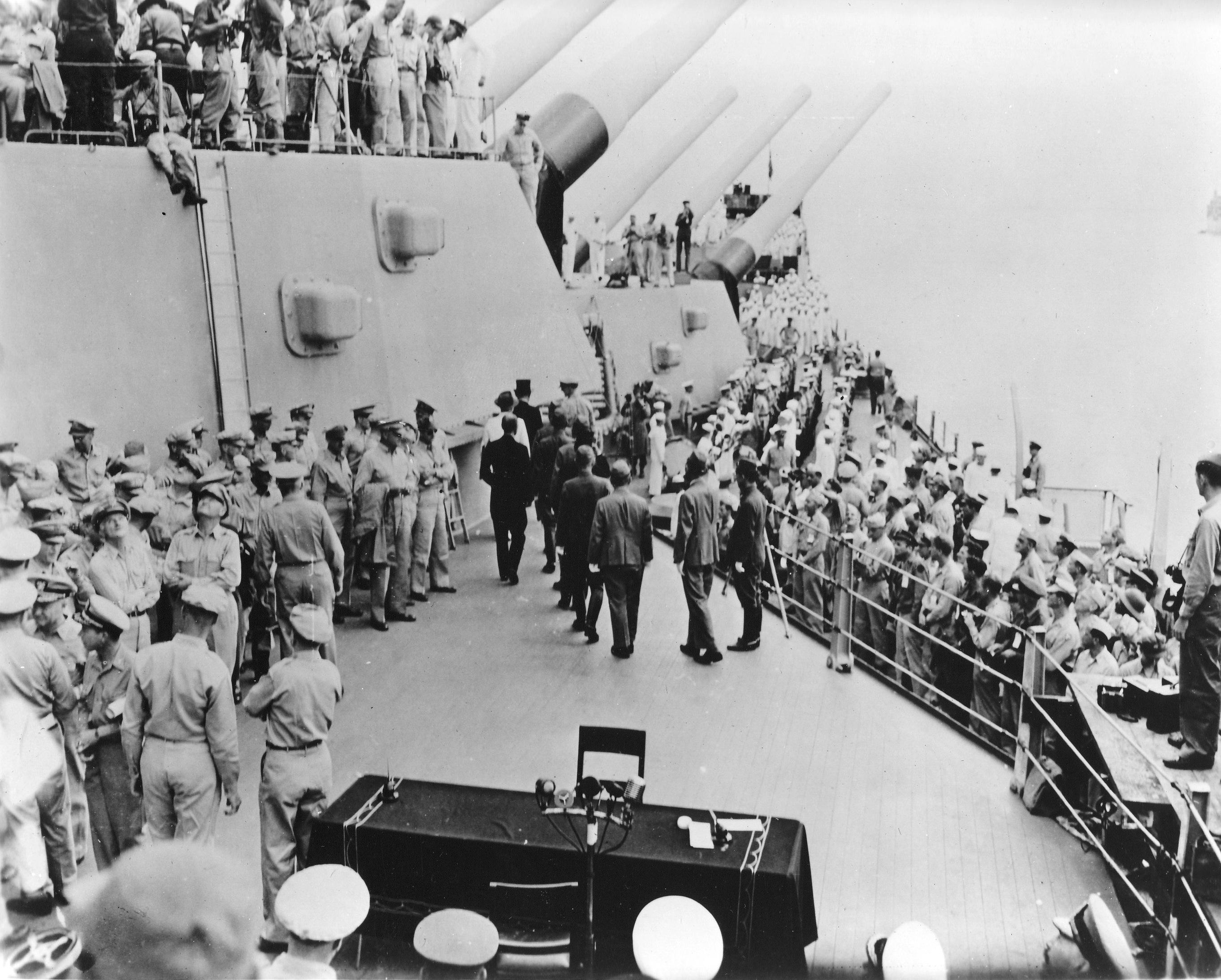The Japanese delegation departing the USS Missouri’s starboard verandah deck after signing the instruments of surrender, Tokyo Bay, Japan, 2 Sep 1945