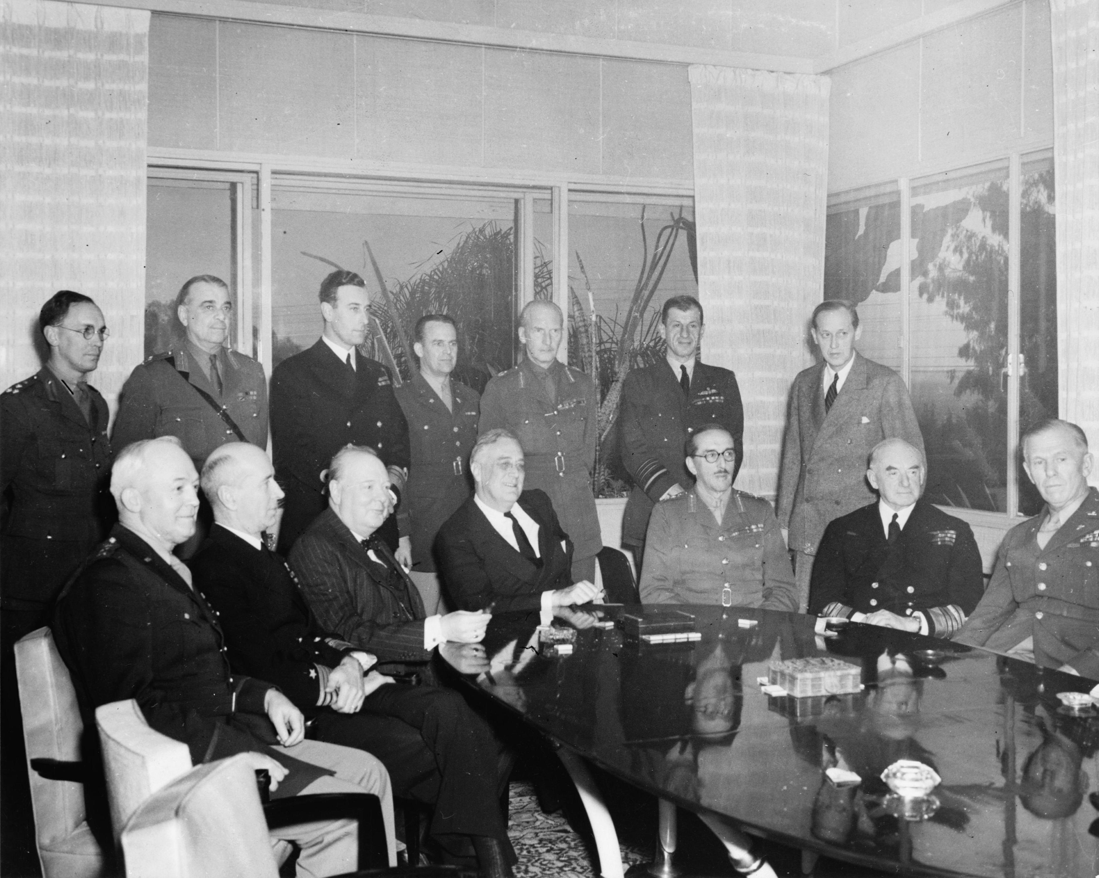 President Franklin Roosevelt and Prime Minister Churchill confer with the Combined Chiefs of Staff during the Casablanca Conference at Roosevelt’s Dar es Saada villa in Casablanca, French Morocco, 18 Jan 1943.