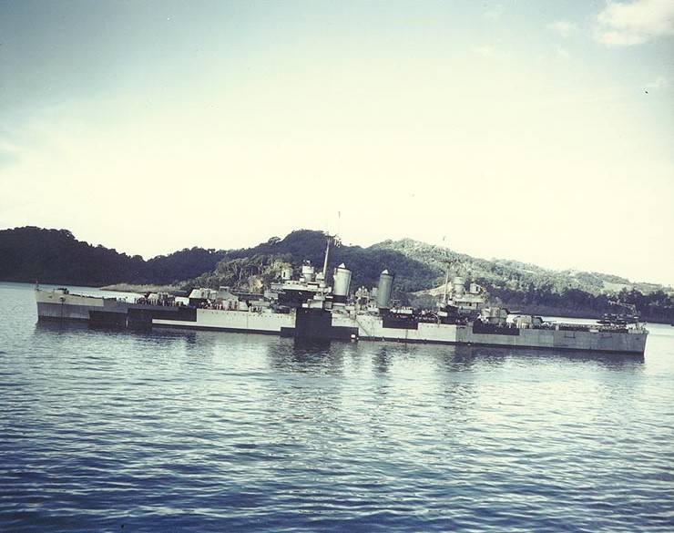 USS Honolulu at anchor in Purvis Bay, Florida Islands, Solomons, June 1944. Note the Measure 32, Design 2C paint scheme, only two cruisers were painted this way.