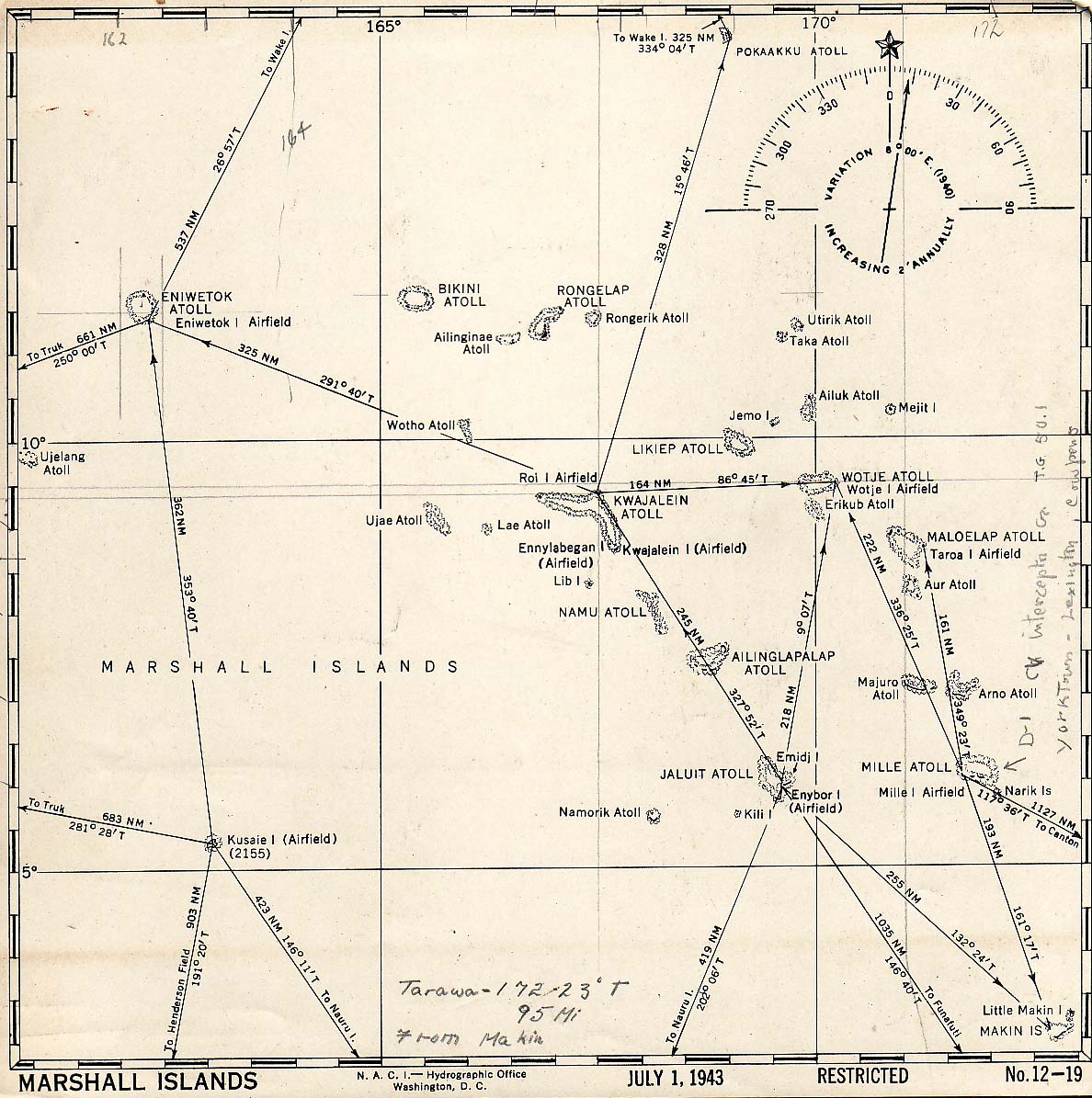 United States Hydrographic Office July 1943 map of the Marshall Islands showing distances and bearings between major island groups.