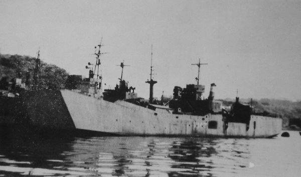 Landing ship No. 147, with coal-fired boilers, at Yokosuka Navy Base, Japan, 16 Dec 1946