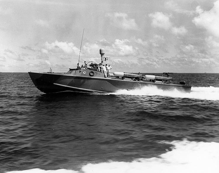 PT Boat PT-564 being tested in the Gulf of Mexico, 1944. Note the Mark XIII aerial torpedoes on the deck. The smaller, lighter, faster PT-564 design was not put into production.