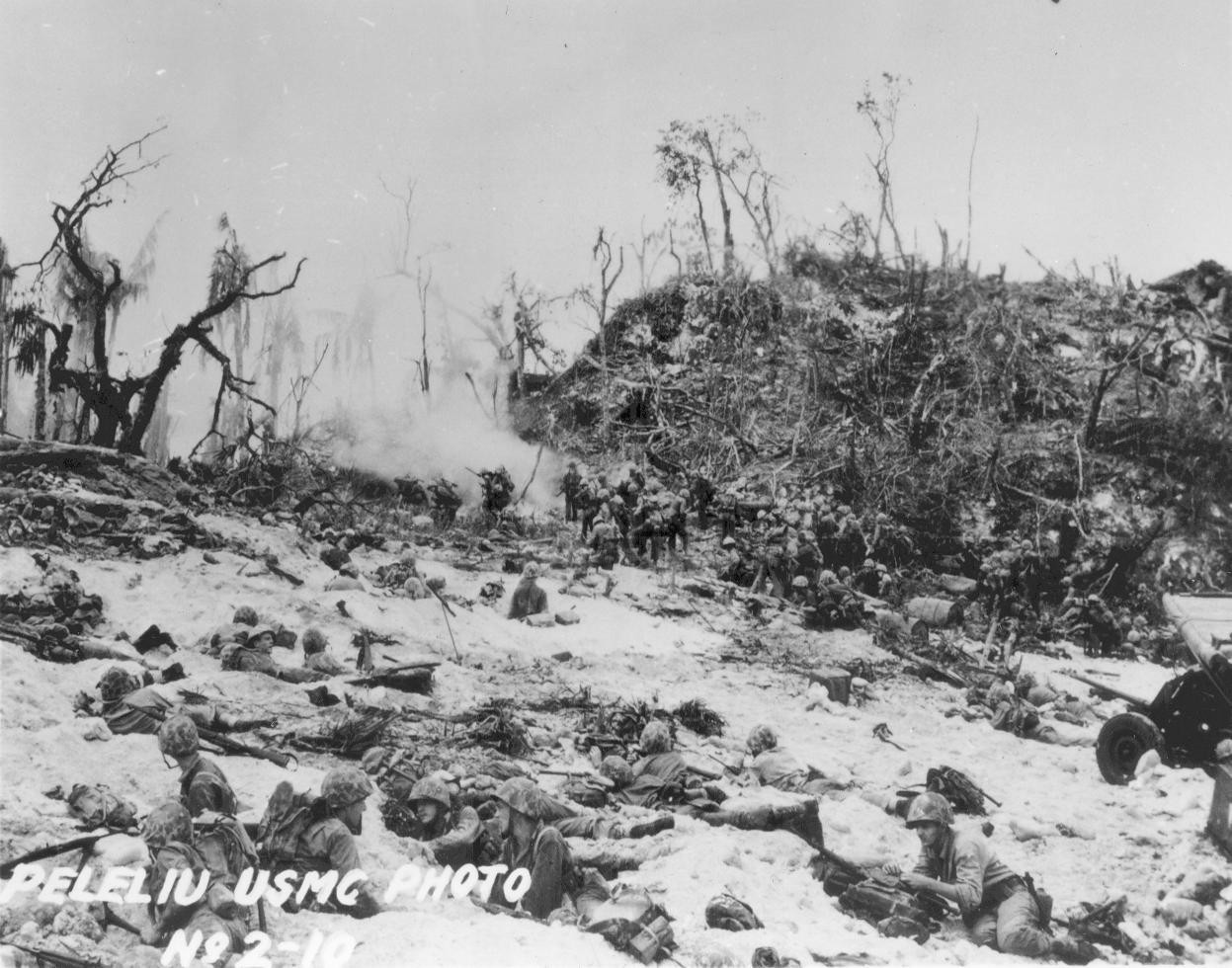 Men of the US 1st Marine Division fighting just beyond White Beach, Peleliu, 15 Sep 1944, photo 2 of 2