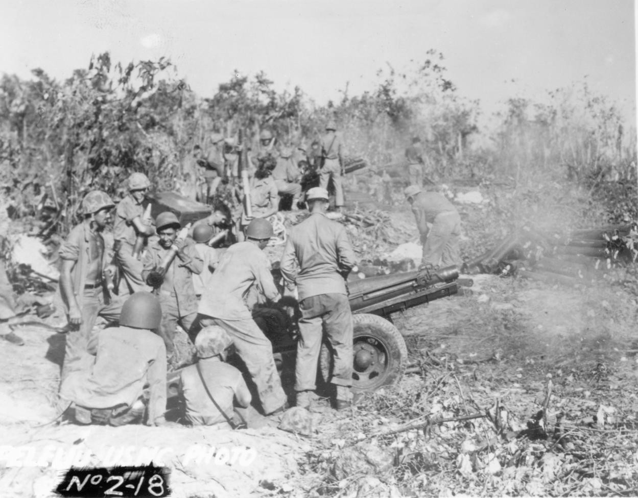 USMC 75-mm pack howitzer and crew, Peleliu, Palau Islands, Sep 1944