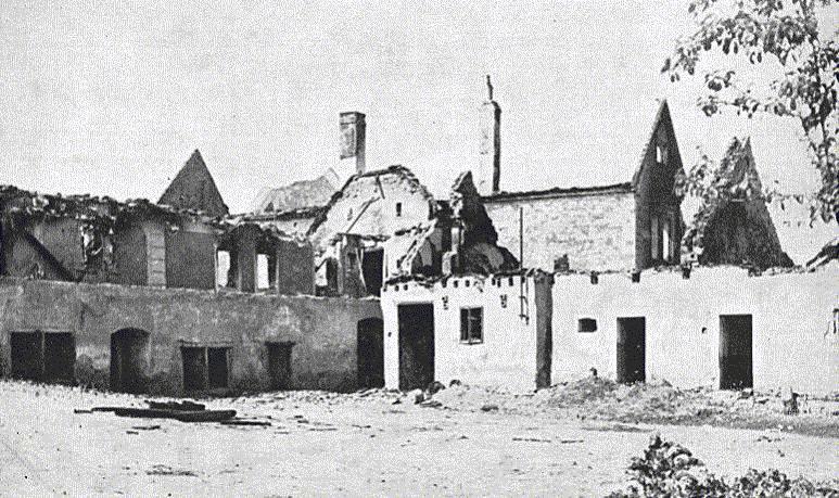 Lidice, Czechoslovakia 10 Jun 1942. Courtyard of the wrecked Horák family farm before the structures were totally destroyed.