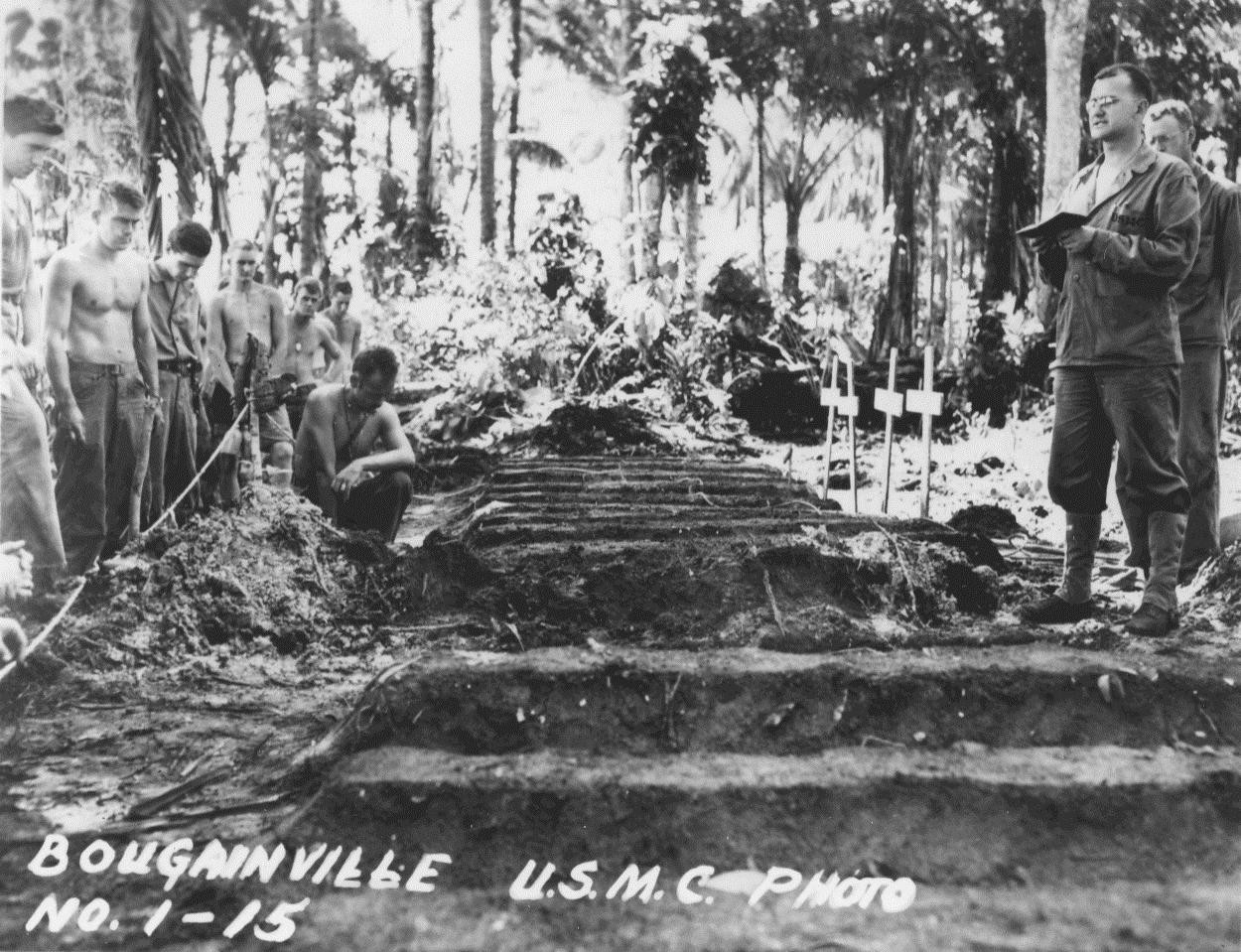Funeral service for fallen US Marines, Bougainville, Solomon Islands, 1943-1944