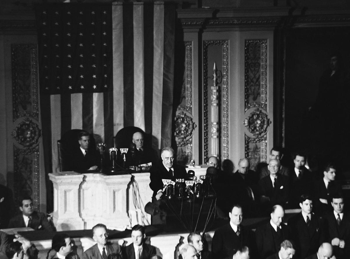Roosevelt delivering the 'Day of Infamy' speech, 8 Dec 1941. Photo 2 of 2.