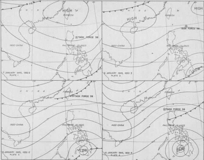 Four-part weather map of the South China Sea for Jan 7 to 10, 1945. Note daily positions of Task Force 38.