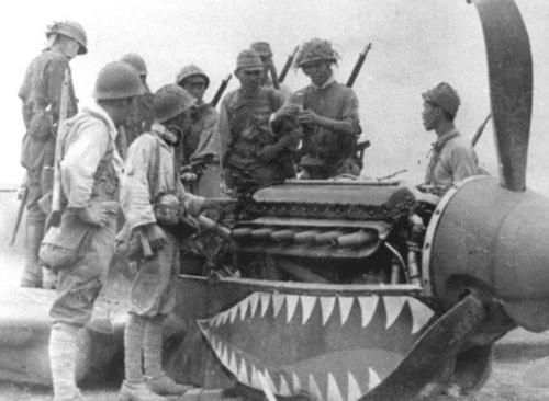 Japanese troops inspecting a captured P-40 fighter, Philippines, 1940s