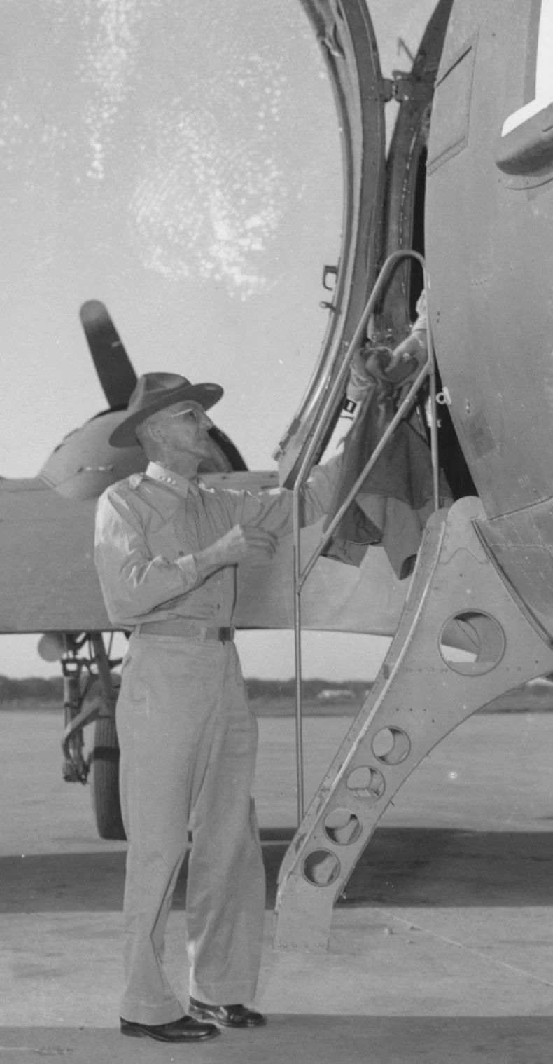 General Joseph Stilwell boarding a transport aircraft at the airport in New Delhi, India for Chongqing, China, Sep 1944