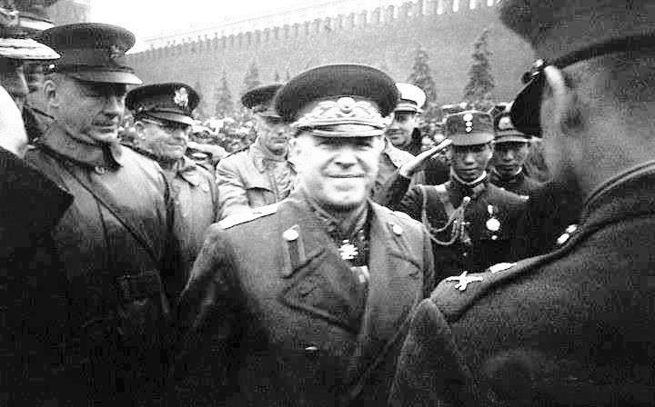 Georgy Zhukov at the Red Square victory parade, Moscow, Russia, 24 Jun 1945; note Chinese attaché Guo Dequan in background